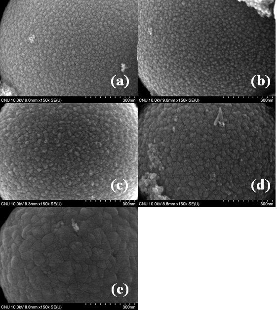 Field - emission SEM images of SnO2:Al powders prepared by the micro drop fluidized reactor (UMB (L/min) : (a) 0, (b) 0.4, ⒞ 0.6, (d) 0.8, (e) 1.0) (150,000 X).