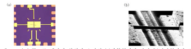 Suspended 구조로 제작된 완성된 소자의 (a)광학현미경 사진 (b)전자현미경 사진
