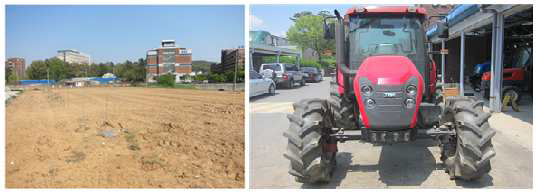 View of field site for RHSS performance test (left), and the tractor for measuring HSSI (right).
