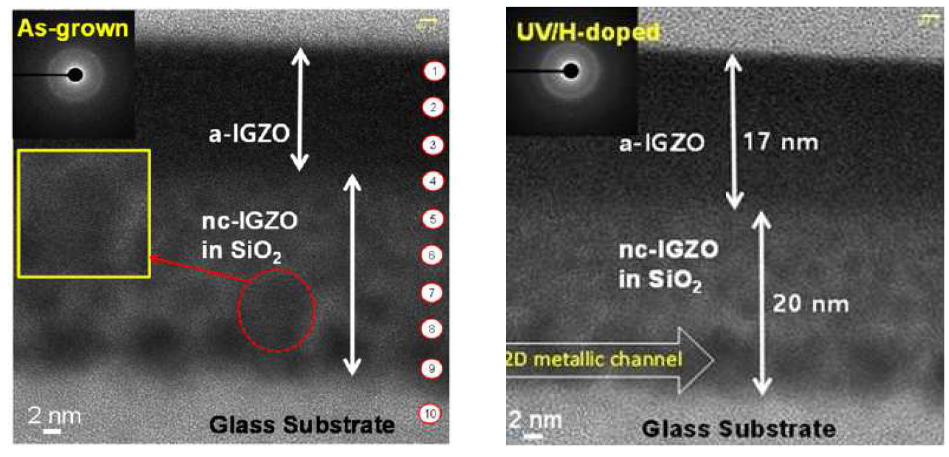 UV 조사 전/후 에 따른 soda-lime glass 상부에 형성된 a-IGZO 박막의 TEM image