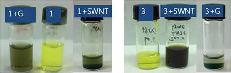 0.05 wt% (w/v) 수용액 사진 (G: graphene, SWNT: single-wall nanotube)