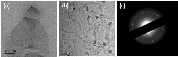 TEM images (a) 1+G, (b) 3+SWNT, (c) SAED image 1+G