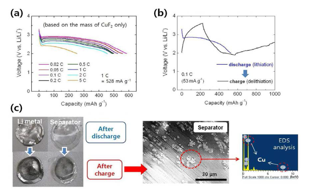 (a) 코인셀에서 CuF2 나노복합체의 방전 용량 및 (b) 충전 반응까지 진행시켰을 때 의 전압 곡선. (c) 배터리 구동 후 코인셀 구성 부품에서 나타나는 표면 변화 분석 결과.