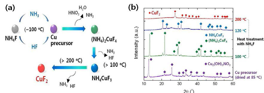 (a) 불화암모늄을 이용하여 구리 전구체로부터 CuF2를 합성하는 과정의 메카니즘을 나타낸 모식도. (b) 불화암모늄을 이용한 열처리 온도에 따른 구리 전구체(질산구리 수화물) 의 결정상 변화를 나타낸 XRD 결과.