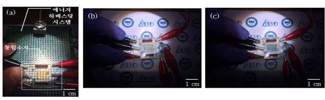 (a) 유리 기판에서 제작한 에너지 하베스팅 통합소자의 구동사진, (b) 탈색반응 및 (c) 변색