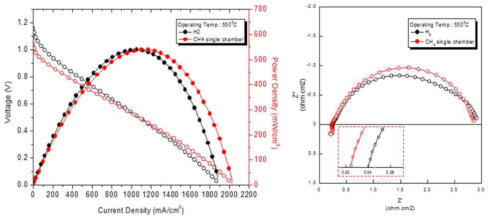 수소(복실형)와 메탄(단실형)을 각각 연료로 하였을 때 전류-전압 특성 및 EIS