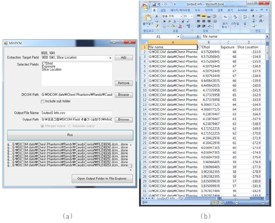 (a) DICOM 영상의 헤더정보에서 선량관련 필드정보를 자동으로 추출하는 프로그램. (b) DICOM 헤더정보에서 선량 관련 변수값을 추출하여 Excel 파일로 export한 결과