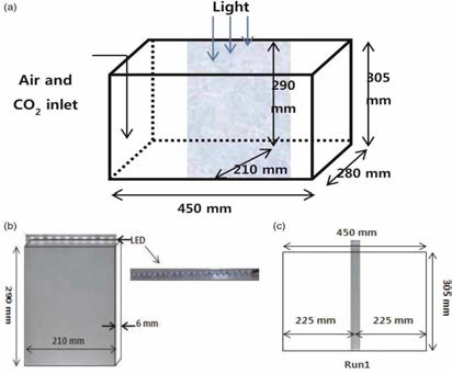 (a) Photobioreactor (b) V-cut OP with LEDs, (c) side view of photobioreactor with inserted OP