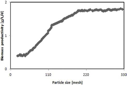 Biomass productivity by different particle size of acorn