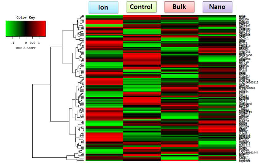 각 물질(나노,벌크,이온)과 대조군의 유전자발현 Heat map