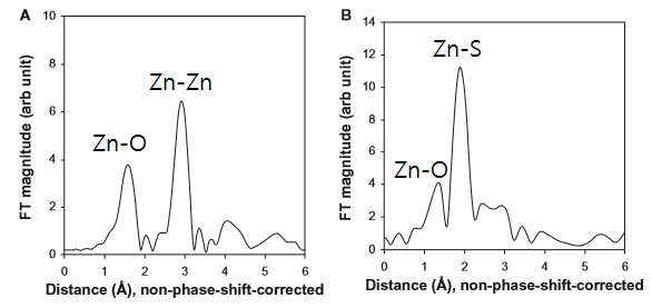 경구투여 전(좌) 경구투여(2000 mg/kg) 후 간(우)에서의 ZnO (20 nm)의 XAS 분석결과