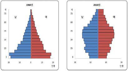 인구 피라미드의 변화 (2010년 인구주택총조사)