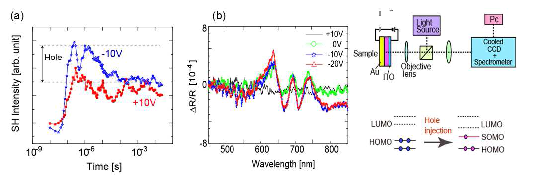 TIPS-pentacene유기반도체 소자의 광학특성; (a)TR-EFISHG, (b) CMS