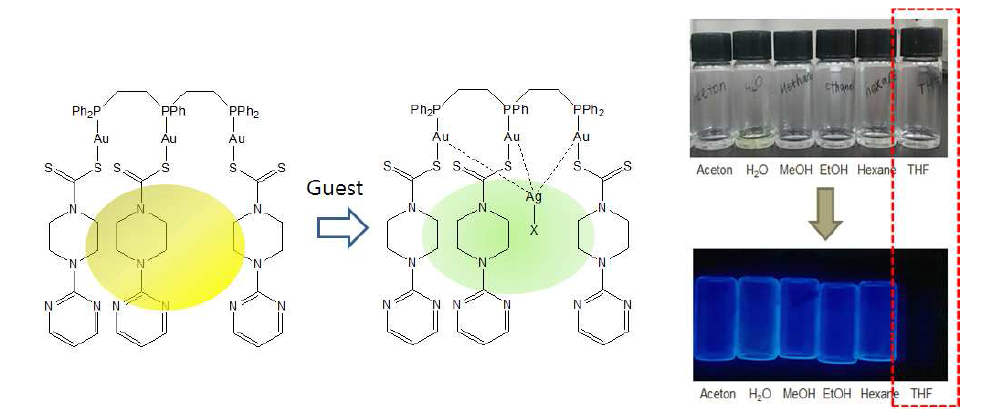 Au(I) molecular pocket의 분자인식작용 및 용매선택성 형광 on-and-off system