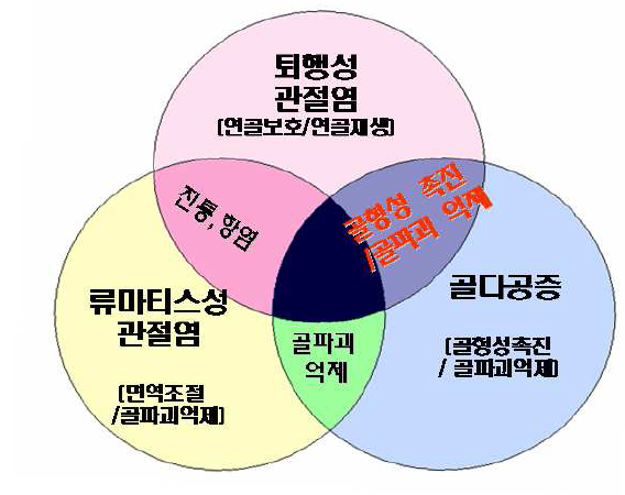 골관절질환 치료는 골형성 촉진 또는 골파괴 억제를 통해 골재형성이 필요하다는 면에서 공통된 치료기전을 갖음.