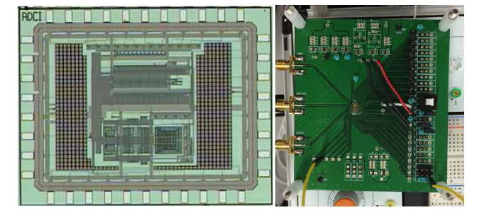 고해상도 SAR ADC 칩 (왼쪽), PCB bonding 후 측정 환경 (오른쪽)