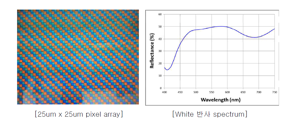 제작된 R/G/B 색선택 반사판 array(좌) 및 white 반사 spectrum(우)