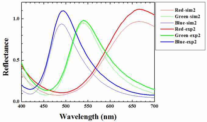 반사 광필터의 설계(가는 선) 및 측정(굵은 선) 스펙트럼 특성