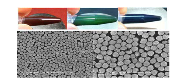 제조된 PCD용 페라이트 입자의 SEM 사진 그 입자 분산 콜로이드의 색변화