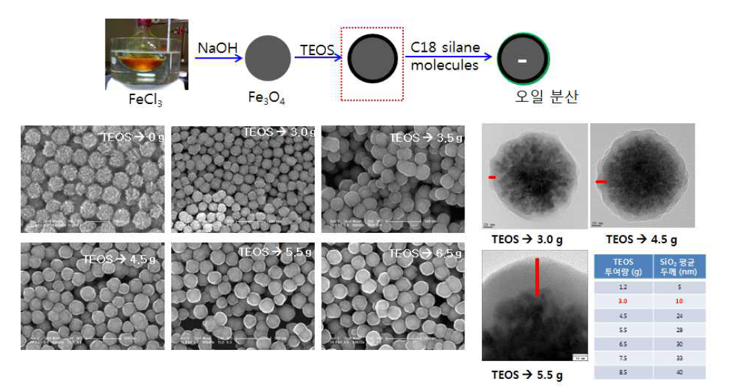 제조된 PCD용 페라이트 입자의 TEOS처리 및 그 결과의 전자현미경 사진