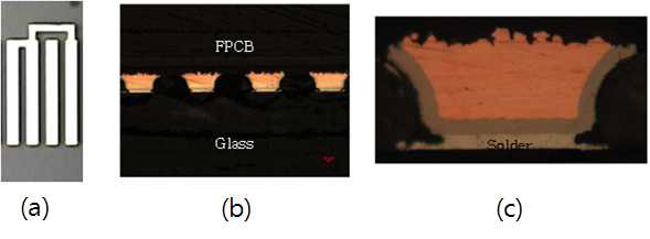 (a) 접합된 Glas에서 본 사진, (b) 단면 사진, (c) (b)를 확대한 사진
