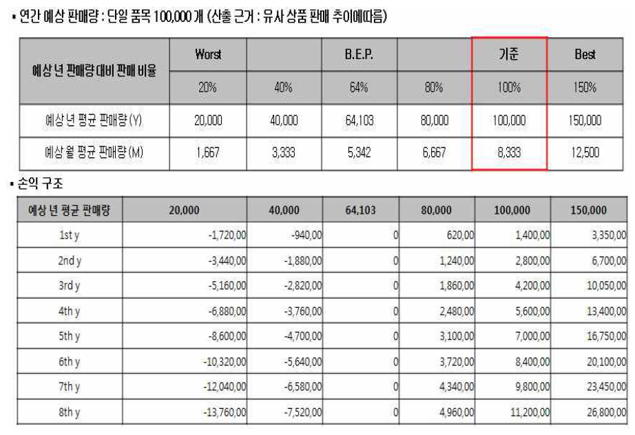 수익 구조 분석 ( 연간 예상 판매 및 연차별 손익구조 )