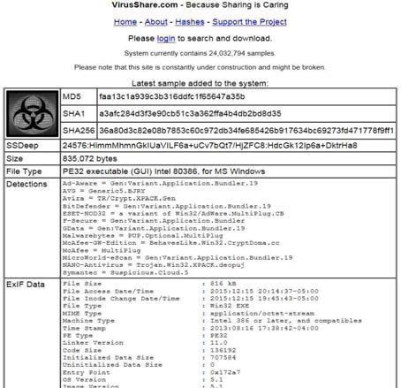 VirusShare 크롤링 웹페이지 화면