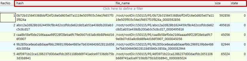 수집된 PE파일에 대한 식별 정보(SQLite) 예시