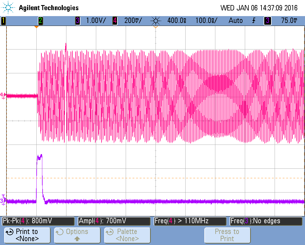 LFM Pulse 대역폭 제어 - 25MHz, 오실로스코프 화면(2)