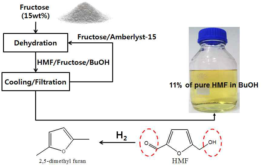 fructose dehydration/HMF hydrogenolysis 연속 통합 공정