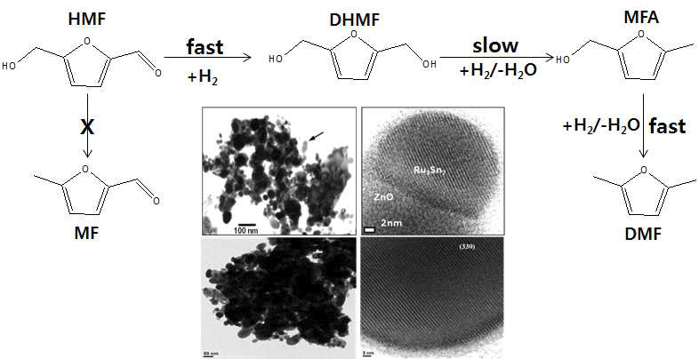 Ru-Sn/ZnO 촉매상에서 HMF 수소화 반응 경로
