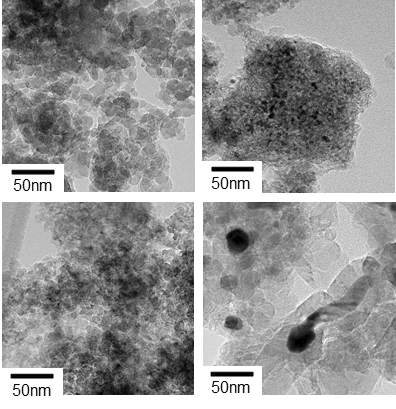 각 촉매별 건식개질 반응(800 oC 및 SV = 20,000 ml/gcat·h) 후, TEM 사진 (a) RS (b) ZS (c) RZS (d) CRZS