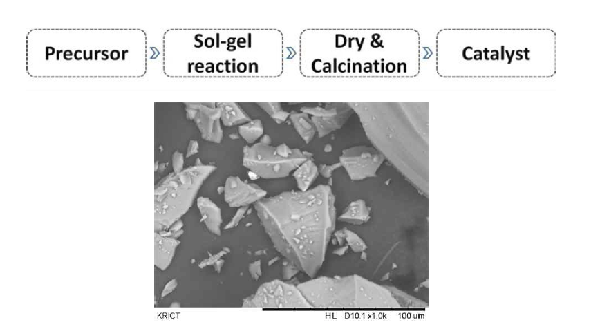 촉매 합성 과정(위) 및 제조 된 촉매의 SEM 이미지(아래)