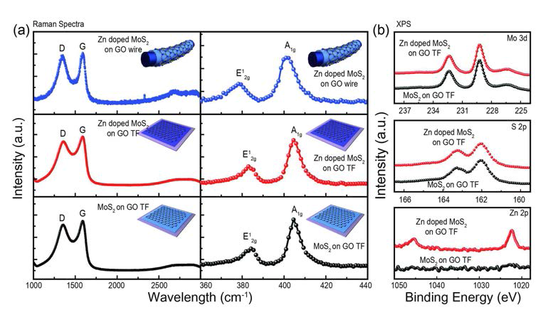 산화 그래핀 필름 위에 합성된 이황화 몰리브덴, 아연 도핑된 이황화 몰리브덴 박막 및 산화 그래핀 와이어 위에 합성된 아연 도핑된 이황화 몰리브덴의 라만 및 XPS 스펙트럼