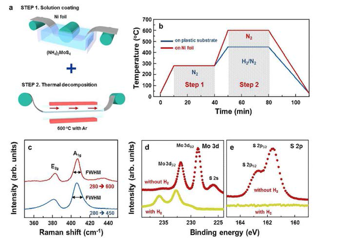 (a) 니켈 호일에 롤투롤 공정을 통해 MoS2를 합성하는 과정에 대한 모식도, (b) 롤투롤 공정을 통해 연속합성된 MoS2의 합성 조건 그래프, (c) MoS2의 라만 스펙트럼