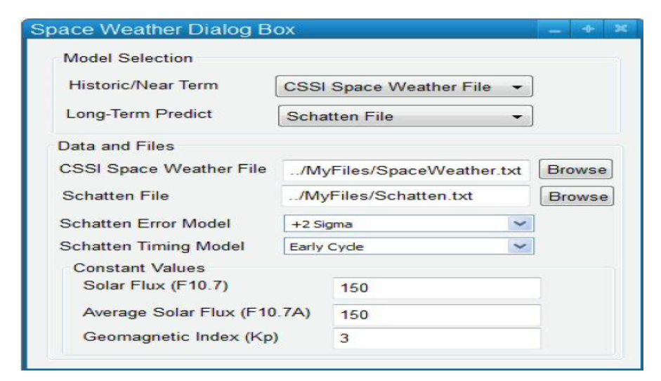 Solar Flux 및 Drag Force의 GMAT 사용자 GUI 입력의 예