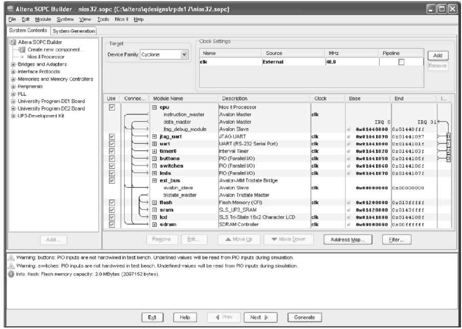 SOPC Builder 화면