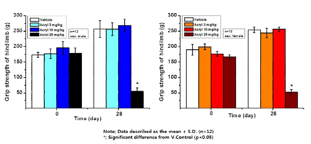 아크릴아마이드(acrylamide) 투여 후 28일째 뒷다리 악력 변화