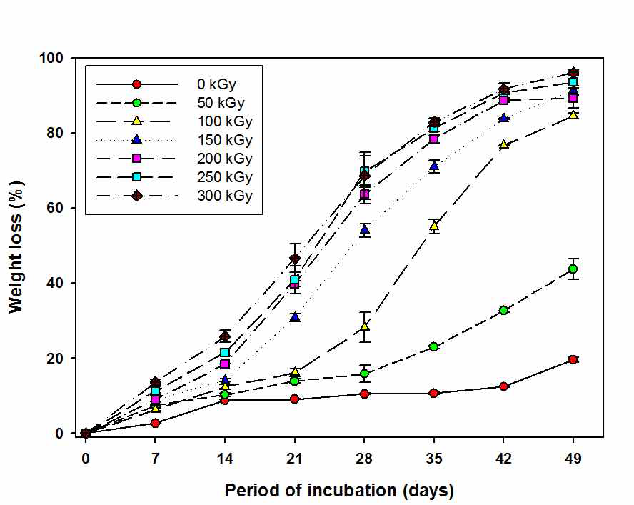 Weight loss of e-beam irradiated PLGA nanofiber as a function of incubation period in PBS for 7 weeks (in PBS, 37 ℃).