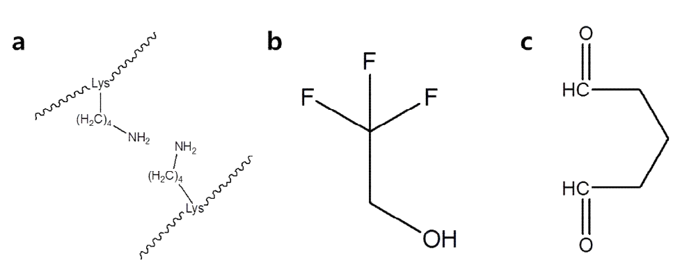 Chemical structure of a) Gelatin, b) 2,2,2-trifluoroethanol (TFE) and c) glutaraldehyde.