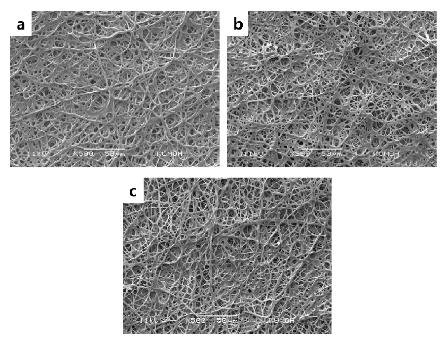 SEM image of a) 6h cross-linked gelatin nanofibers; b) 12h cross-linked gelatin nanofibers; c) 18h cross-linked gelatin nanofibers.