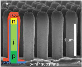 나노막대 태양전소 모식도 와 p-i-n InP 나노막대의 전자 현미경 사진