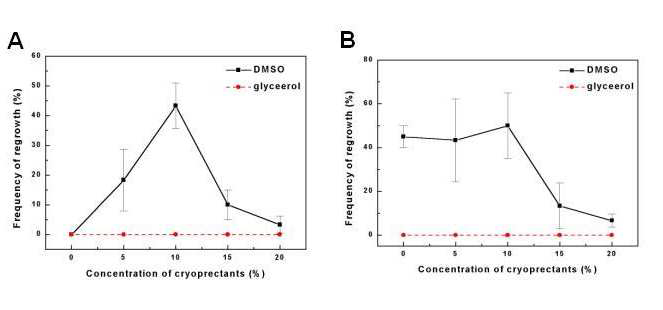 Effect of cryoprotectants concentrations on regrowth of cryopreserved Rosa hybrida(A) and Lonicera japonica(B)cells after 4 weeks of culture on MS1D medium.