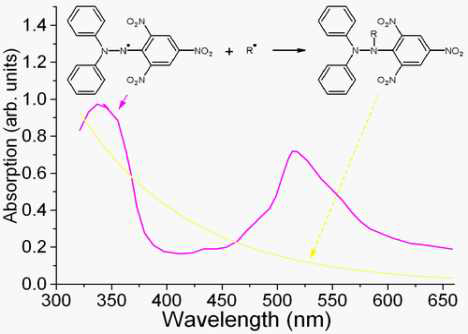 DPPH의 라디칼 반응 구조식 및 UV 스펙트럼.