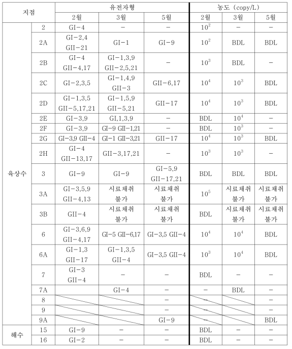 B해역의 검출된 노로바이러스 유전자형과 유전자 농도 (2016. 02. ~ 2016. 05.)