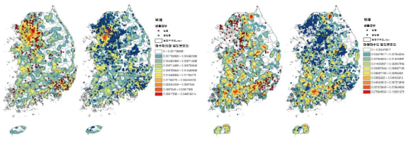 하수처리장 및 마을하수도 분포와 노로바이러스 검출/불검출 지점 비교