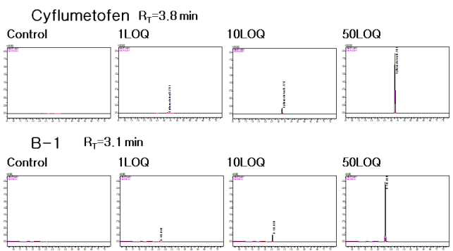 감귤-Cyflumetofen 및 B-1 크로마토그램 (무처리, LOQ, 10 LOQ, 50 LOQ)