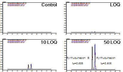 감귤-Methiocarb 및 대사물 크로마토그램 (무처리, LOQ, 10 LOQ, 50 LOQ)