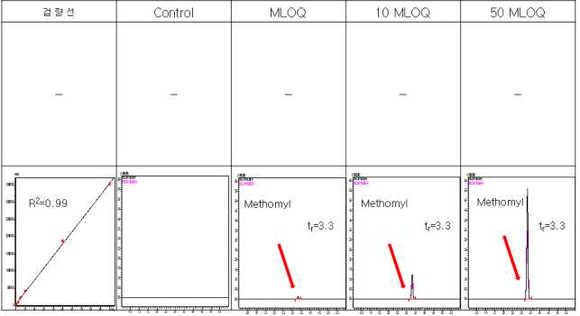 현미-Thiodicarb 및 methomyl 크로마토그램 (무처리, LOQ, 10 LOQ, 50 LOQ)