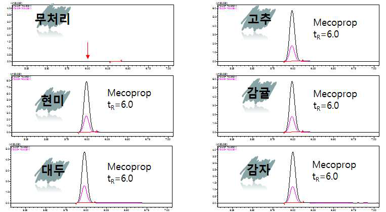 HLB 정제 추가한 농산물 별 대표 크로마토그램